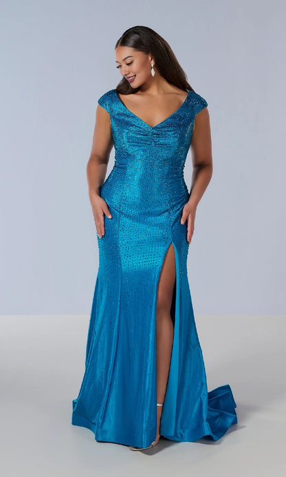 Roselledress turquoise plus size prom dress front view, cap sleeve rhinestone mermaid gown with high slit and side pockets