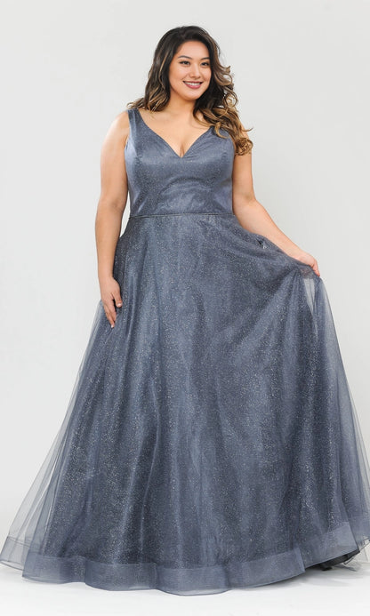 Roselledress slate blue plus size a-line glitter tulle prom dress v-neck sleeveless gown with side pockets front view