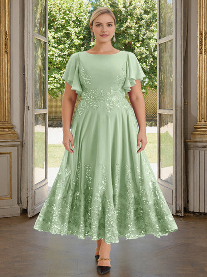 Roselledress sage green plus size mother of the bride dress front view, flutter sleeve sequin embroidery tea length gown