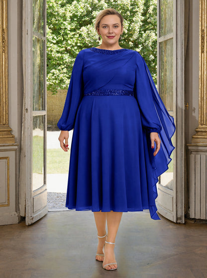 Roselledress royal blue plus size mother of the bride dress front view, cape detail sequin trim midi chiffon gown
