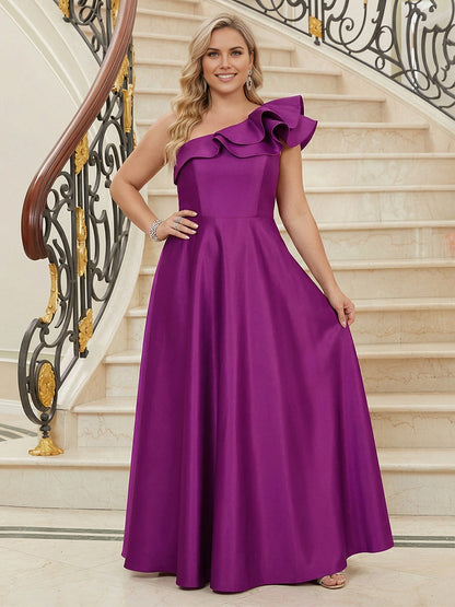 roselledress magenta plus size mother dress one shoulder ruffle sleeveless luxe satin a‑line floor gown