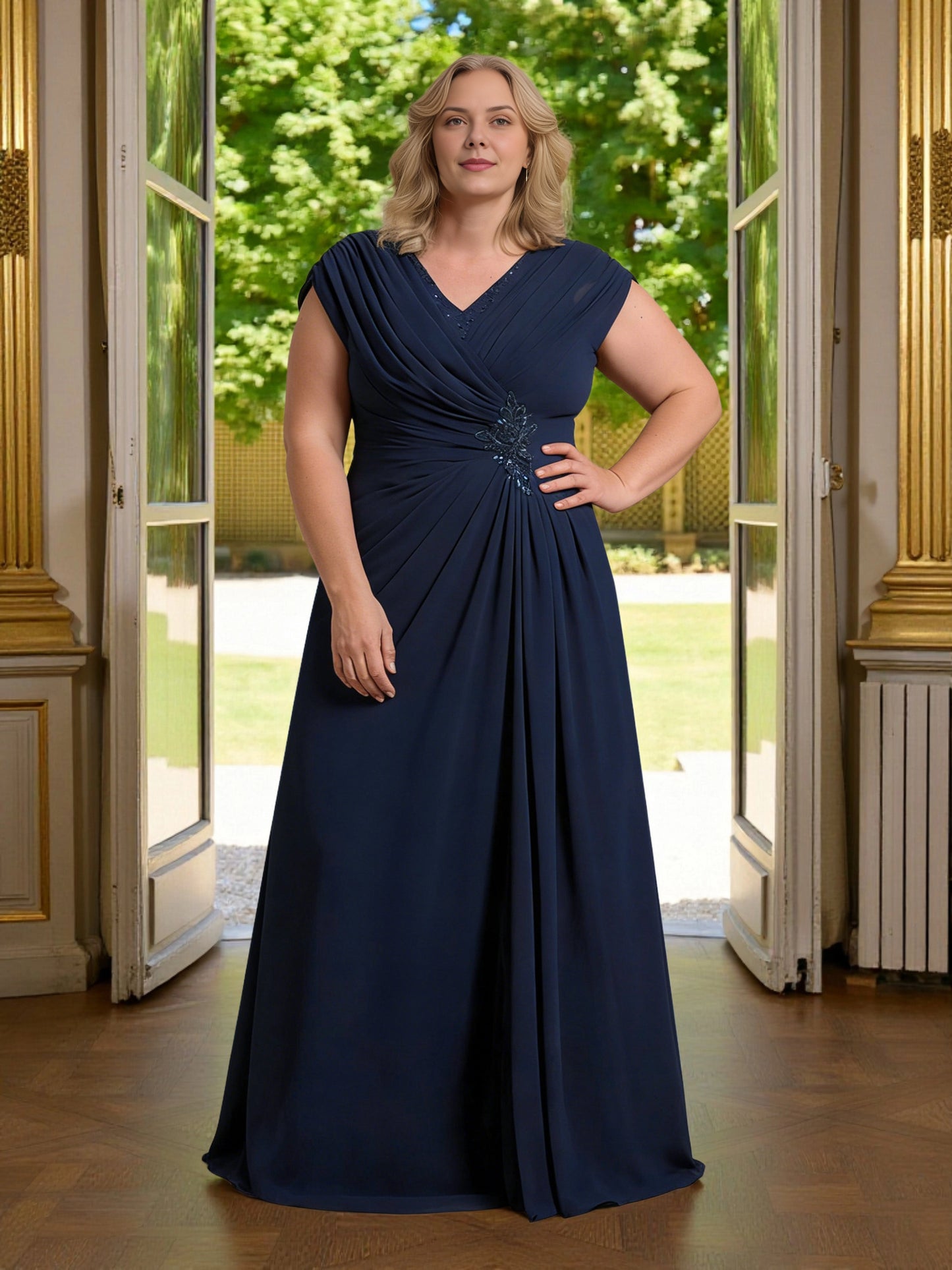 Roselledress navy plus size mother of bride dress v‑neck cap sleeve draped chiffon formal gown front view