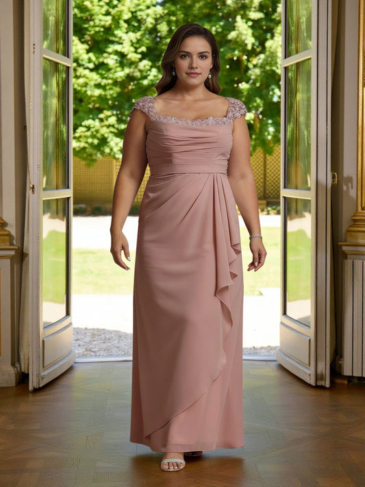 Roselledress dusty rose plus size mother of the bride dress front view, lace cap sleeve draped mermaid long formal gown
