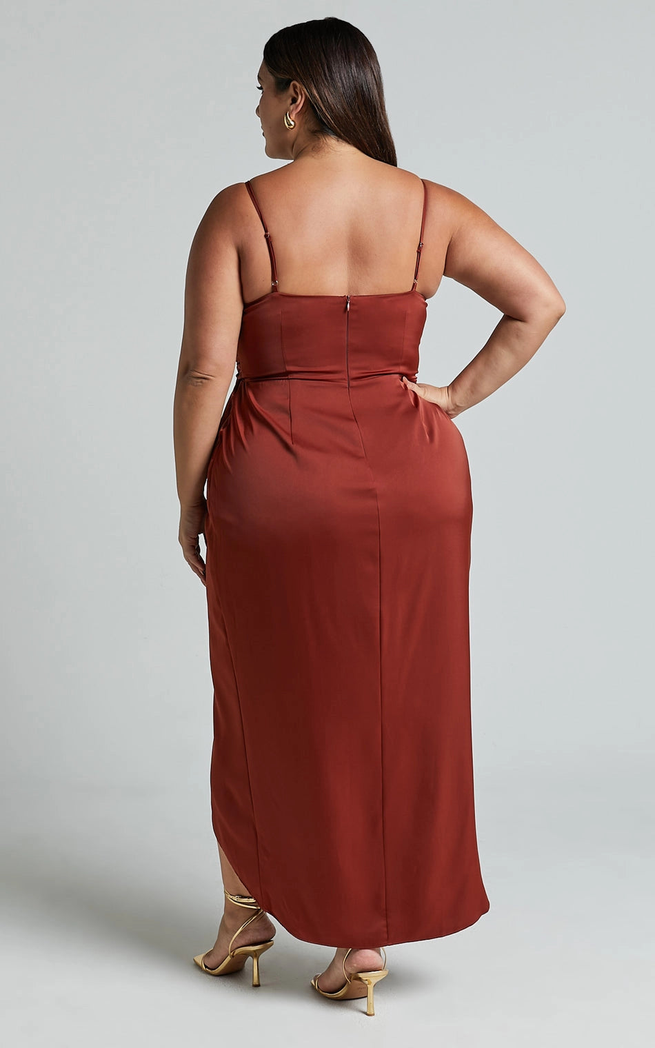 Roselledress adjustable strap satin midi plus size dress back view, low back zipper formal wedding guest dress
