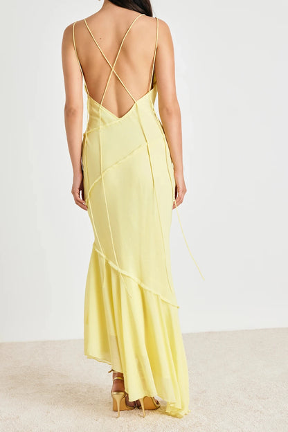 Flowy Mermaid Spaghetti Crisscross Back Ruffled Long Prom Dress