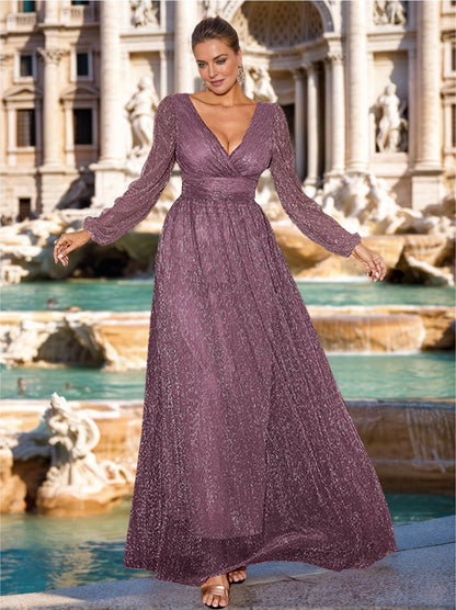 Roselledress dusty purple plus size wedding guest maxi dress front view, deep v neck long sleeve glitter mesh empire waist formal gown