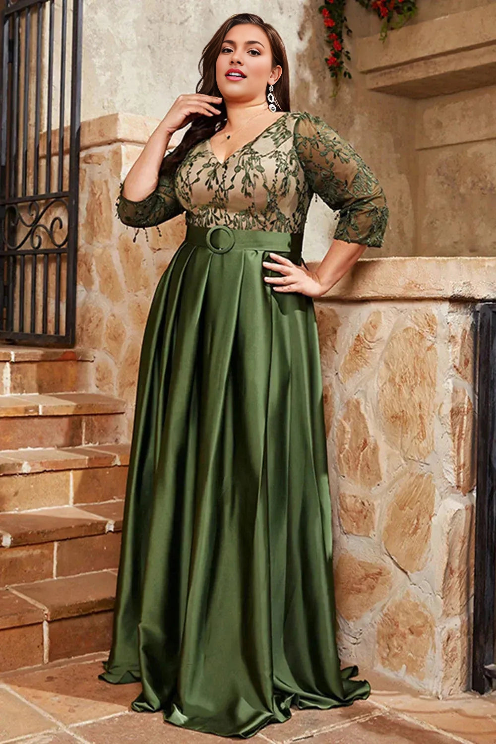 Roselledress plus size olive green mother of the bride dress front view,3/4 sleeve lace embroidery satin a‑line formal gown