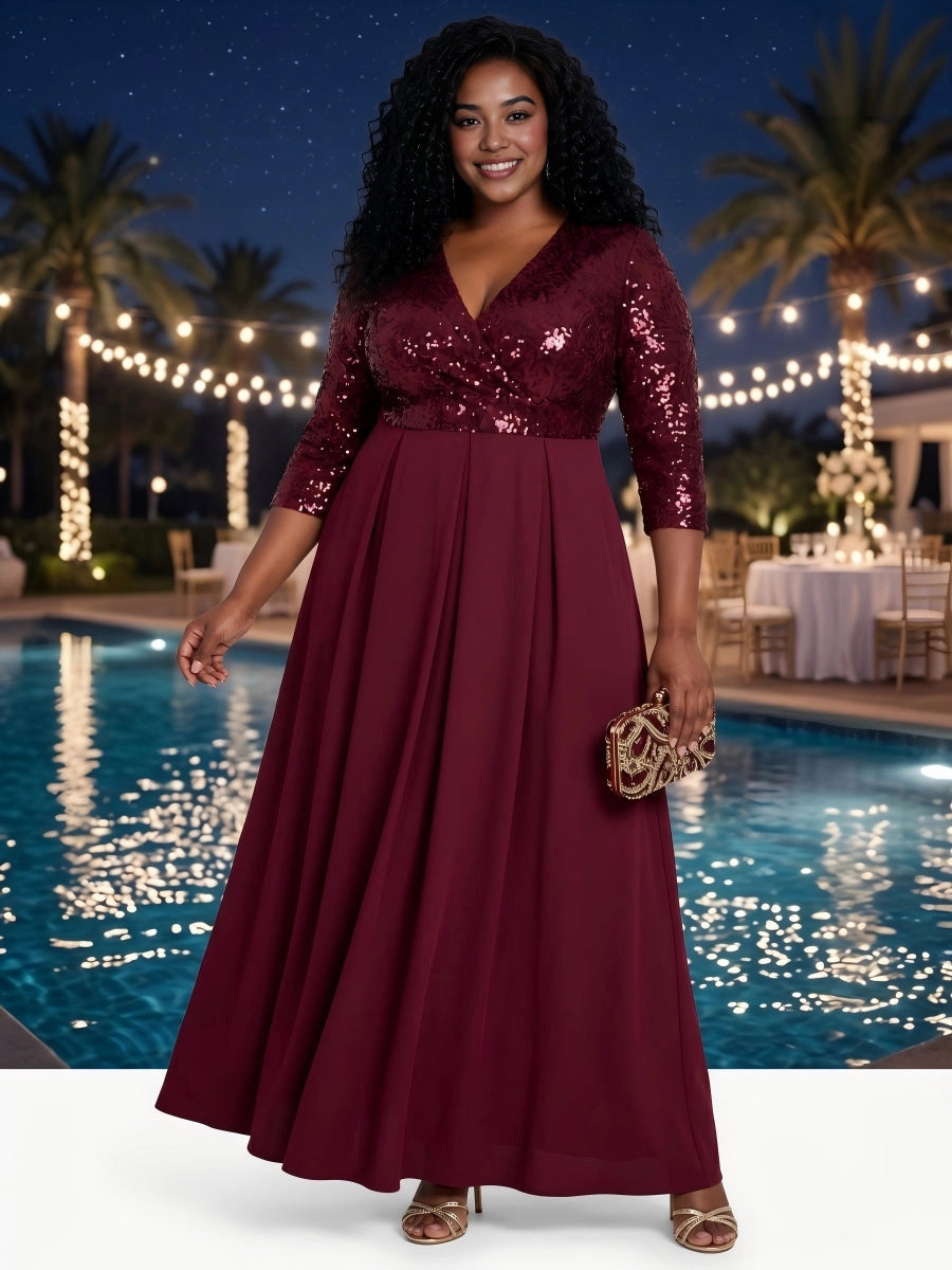 Roselledress burgundy sequin chiffon plus size mother of bride dress front view, v neck 3/4 sleeve a-line formal maxi gown