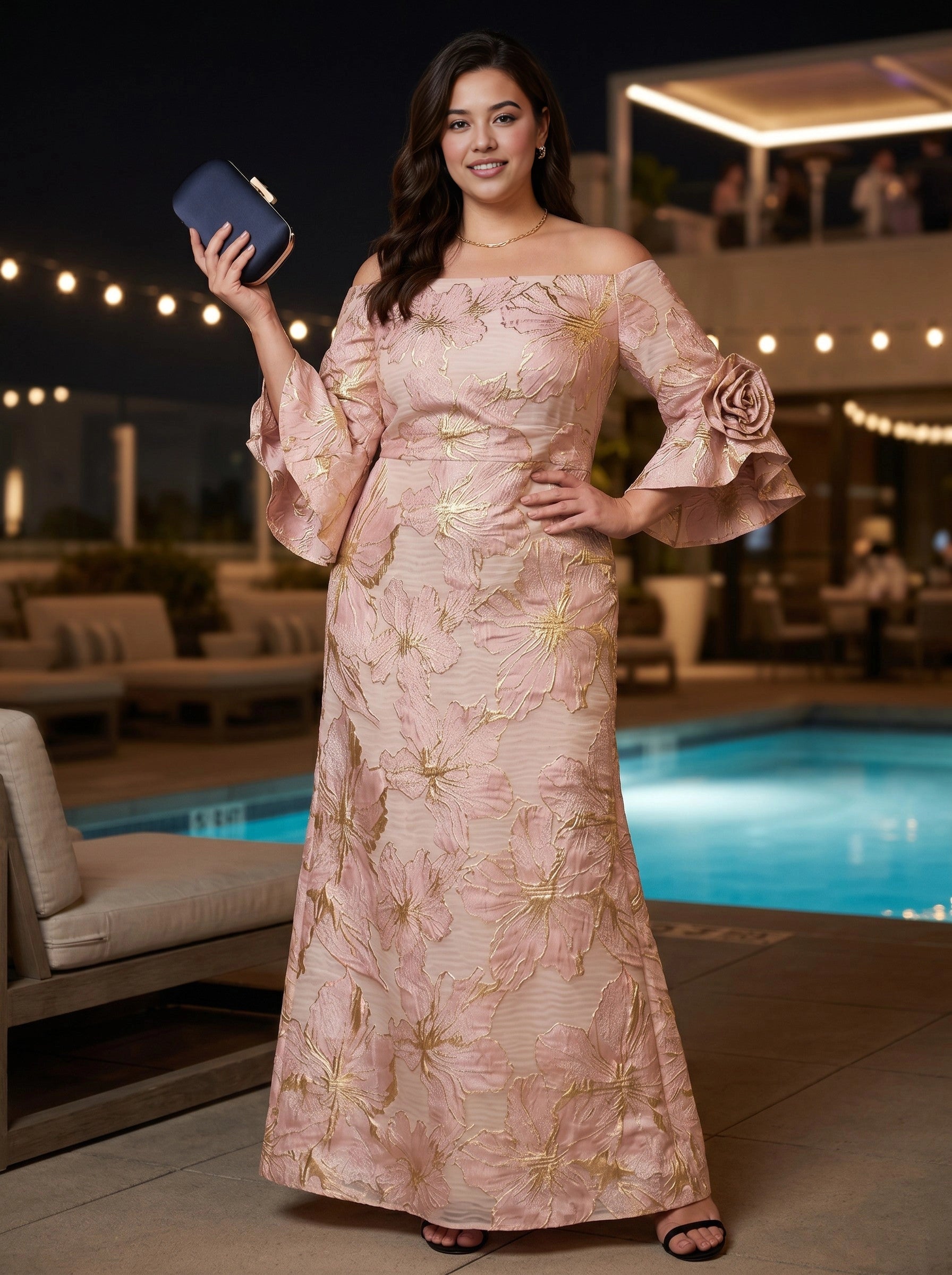 Roselledress blush plus size prom dress off shoulder bell sleeve gold floral jacquard mermaid gown front view