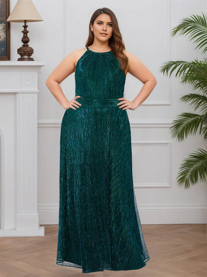Roselledress plus size mother of the bride dress, emerald green metallic glitter floor‑length gown with halter neck high waist A‑line skirt