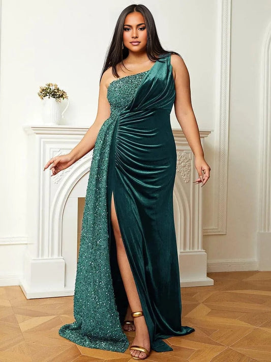 Roselledress emerald green plus size prom dress one shoulder velvet mermaid gown sequin drape high slit front view
