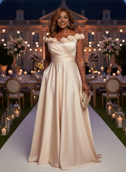 Roselledress champagne plus size mother of bride dress off shoulder 3d flower rhinestone satin a line gown with pockets front view