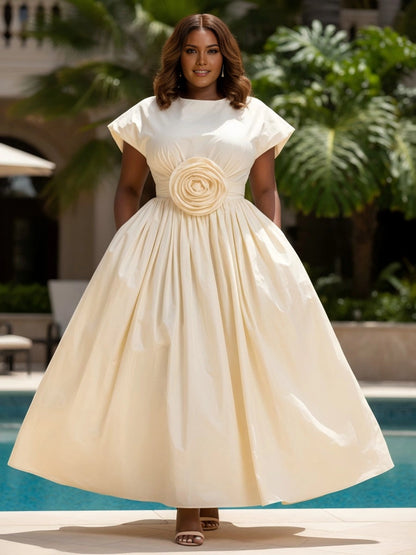 Roselledress cream taffeta plus size wedding guest dress front view, round neck 3D rose waist midi gown with side pockets