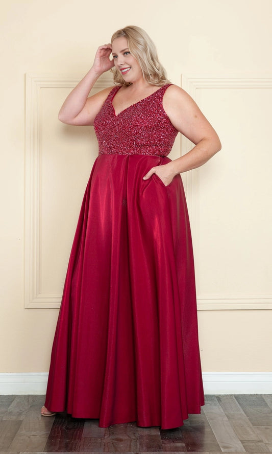 Roselledress burgundy plus size prom dress front view, sleeveless beaded bodice a-line gown with side pockets