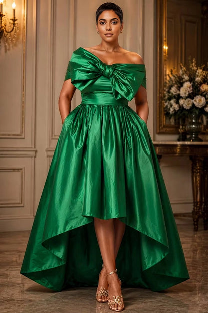 Roselledress emerald green plus size evening dress off shoulder large bow hi-lo satin gown with pockets front view