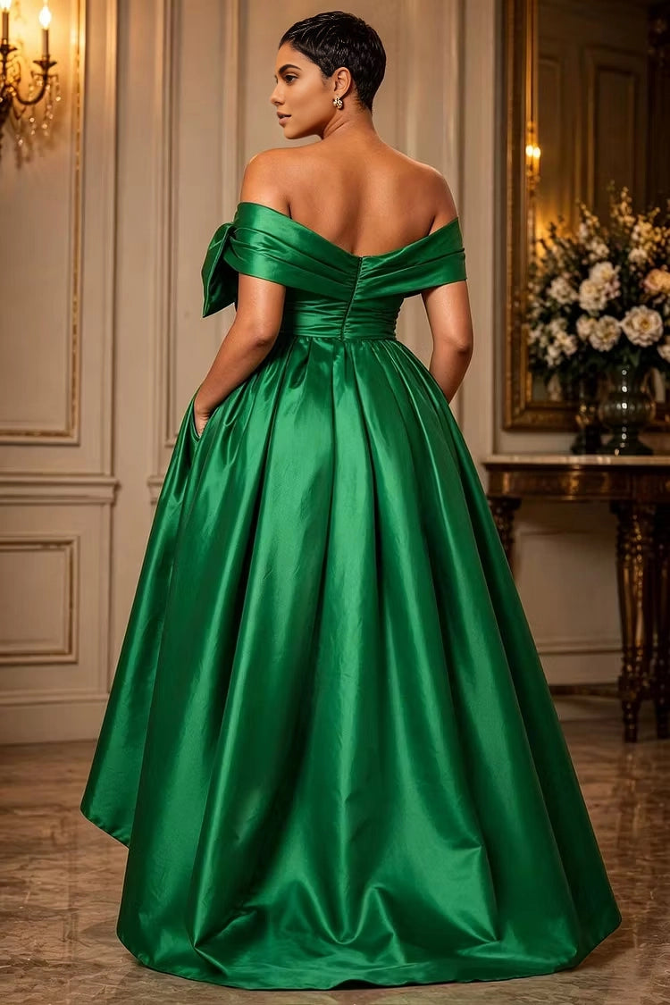 Roselledress green satin formal gown off shoulder ruched back zipper plus size high low party dress back view