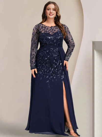 Roselledress navy plus size mother of the bride dress long sleeve mesh sequin embroidery chiffon slit formal evening gown