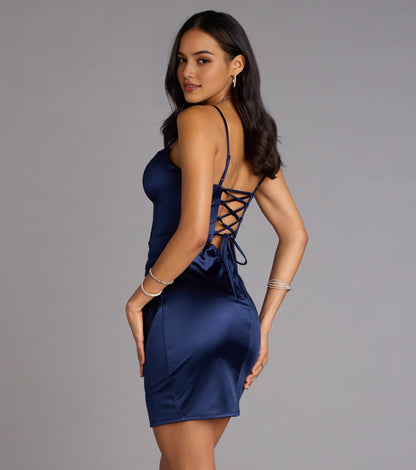 Glossy Bodycon V-neck Spaghetti Strap Lace Up Back Mini Homecoming Dress