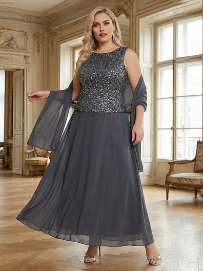 roselledress charcoal grey plus size wedding guest dress round neck sleeveless sequin bodice chiffon a‑line floor gown with shawl