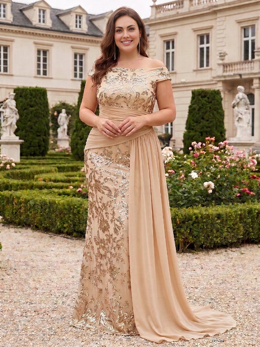 Roselledress champagne off shoulder plus size mermaid gown gold sequin lace with chiffon overlay front view