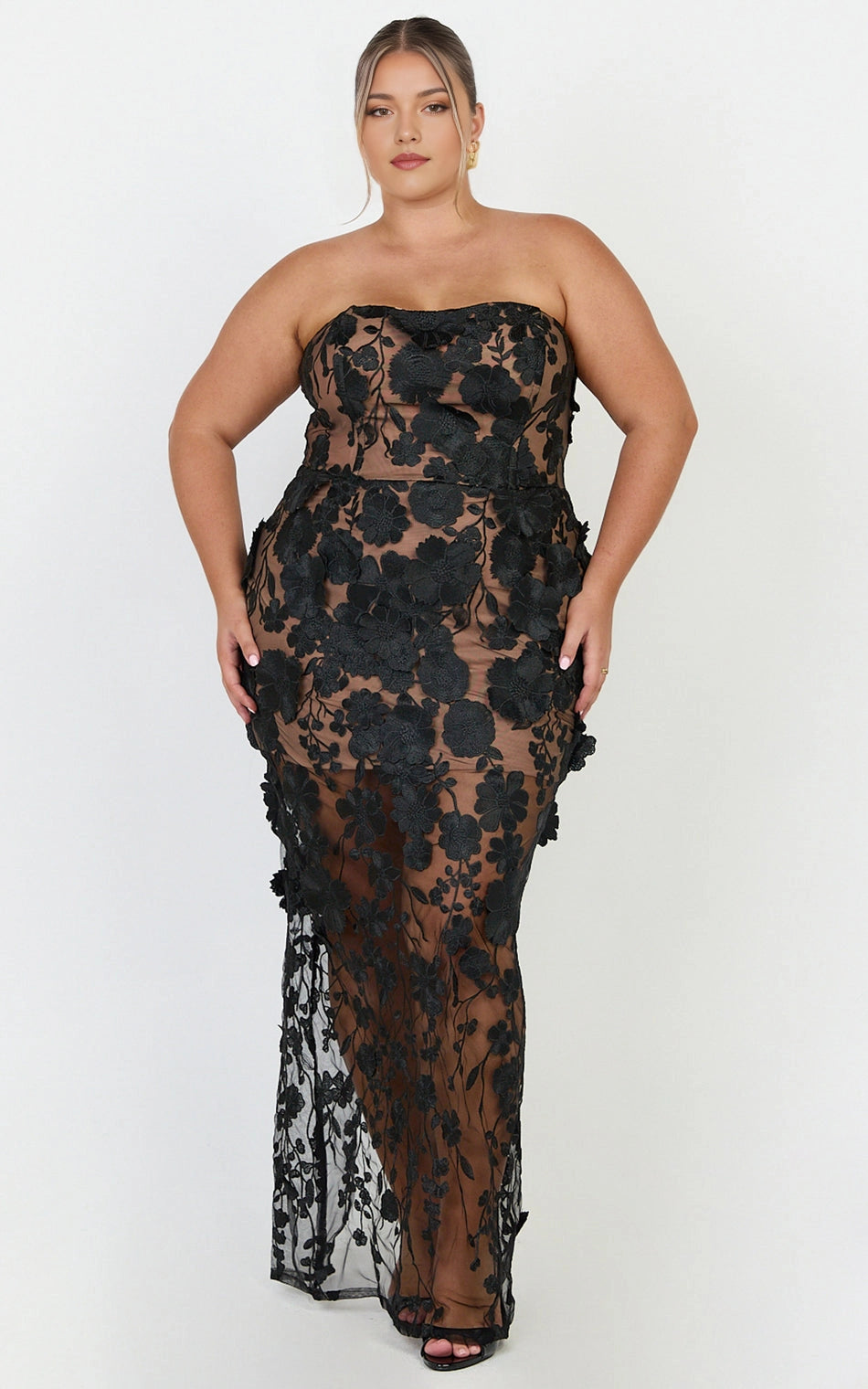 Roselledress plus size strapless 3D floral mermaid wedding guest dress front view, sheer mesh formal maxi gown