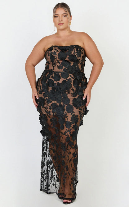 Roselledress plus size strapless 3D floral mermaid wedding guest dress front view, sheer mesh formal maxi gown