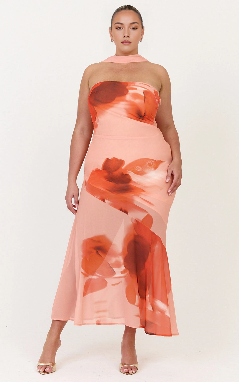 Roselledress pink floral halter plus size wedding guest midi dress front view, mesh chiffon bodycon formal gown