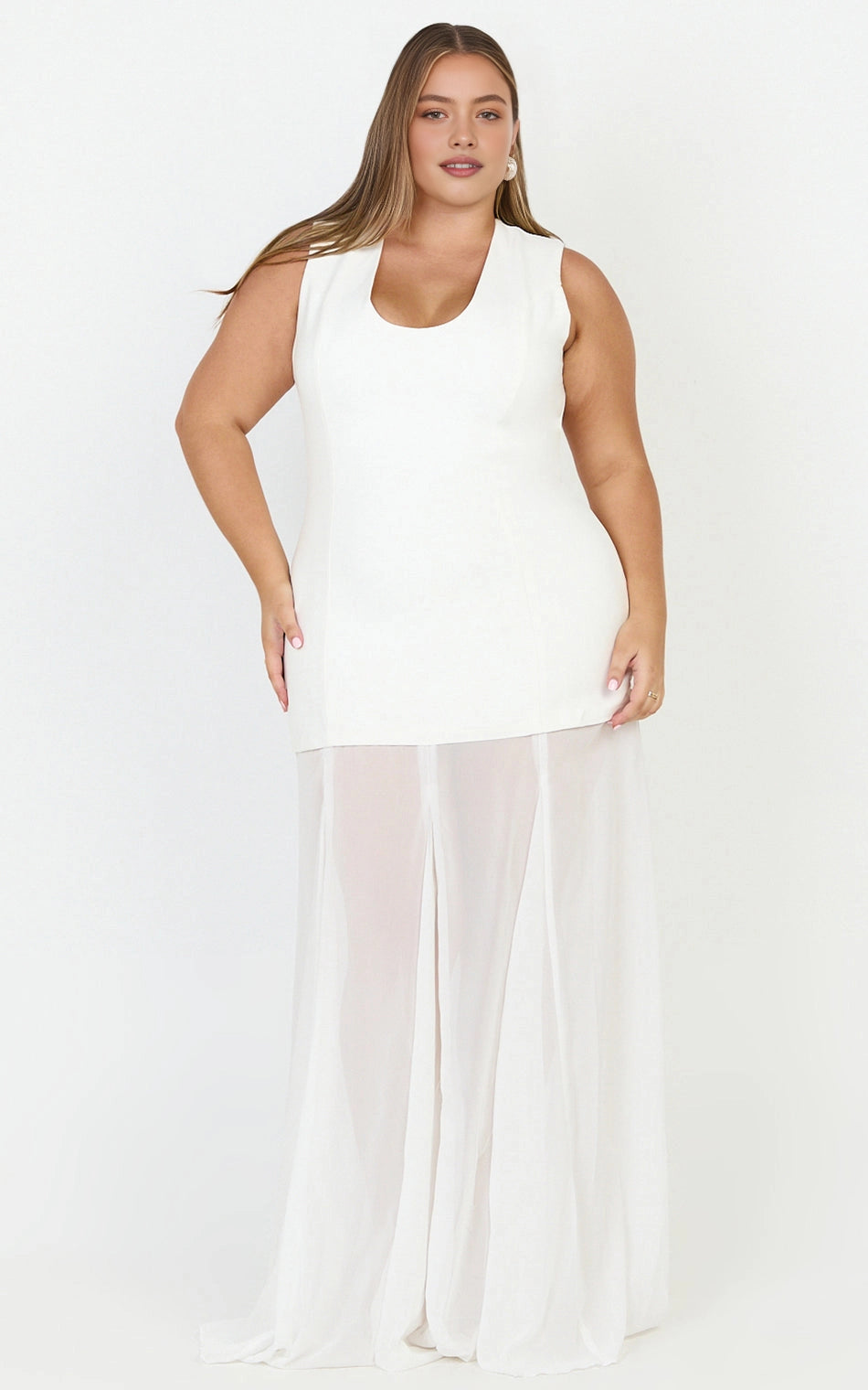 Roselledress white plus size maxi formal dress sleeveless U neck solid chiffon overlay evening gown front view