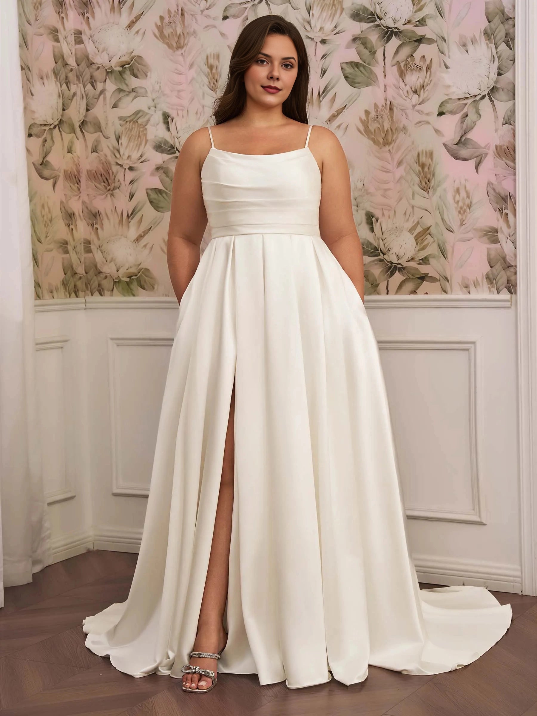Roselledress plus size a‑line satin wedding dress square neck spaghetti strap high slit with pockets bridal gown