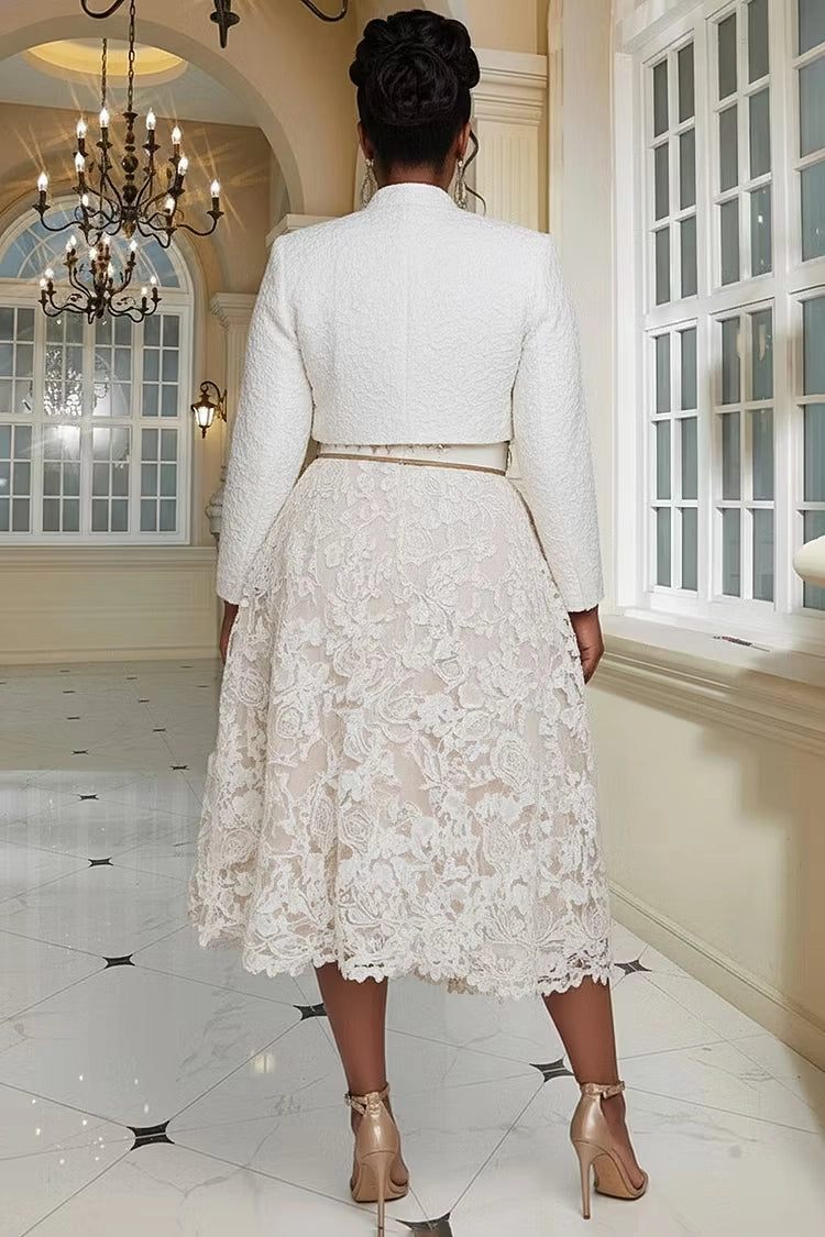 Roselledress lace mother of bride dress plus size matching textured jacket modest midi formal outfit back view