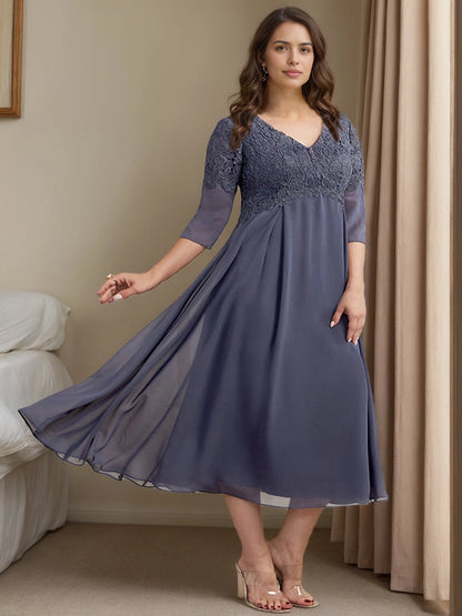 Roselledress dusty blue plus size mother of the bride midi dress lace bodice v-neck 3/4 sleeve chiffon formal dress front view