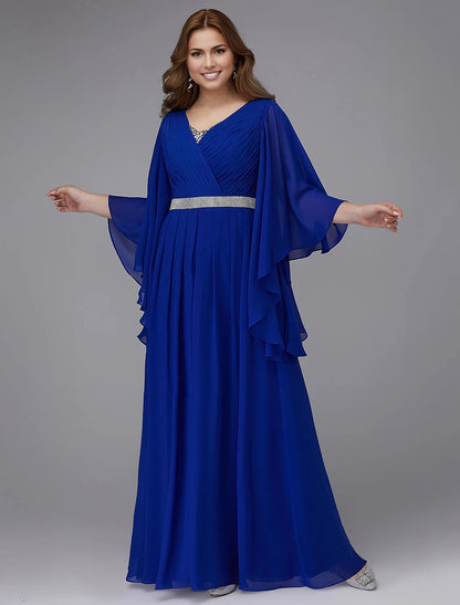 Roselledress plus size royal blue mother of the bride dress front view, v‑neck cape sleeve chiffon a‑line gown with rhinestone waistband