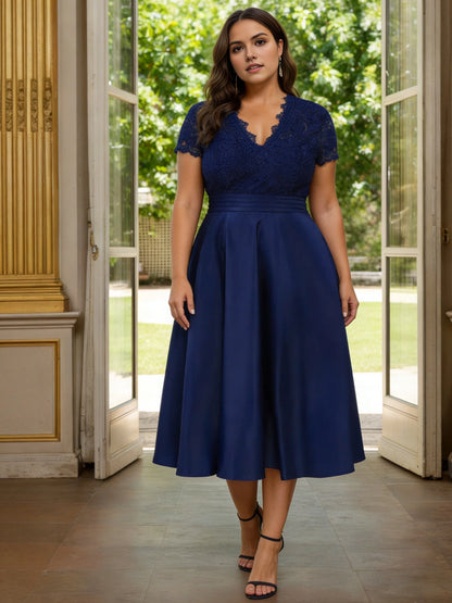 Roselledress navy blue plus size mother of the bride dress front view, lace short sleeve a‑line midi formal gown