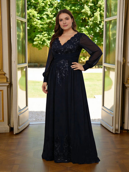 Roselledress black plus size A‑line wedding guest dress v‑neck long sheer sleeve lace sequin chiffon front view