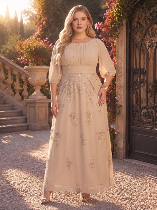 Roselledress champagne plus size mother of the bride dress,a‑line boat neck 3/4 puff sleeve gold embroidered tulle gown