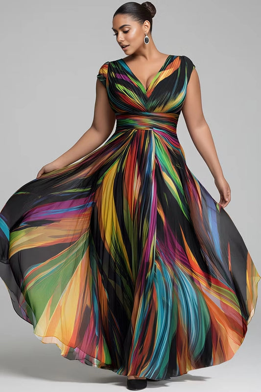 RoselleDress plus size evening dress colorful abstract print chiffon A-line gown deep V cap sleeve ruched waist flowy maxi formal dress