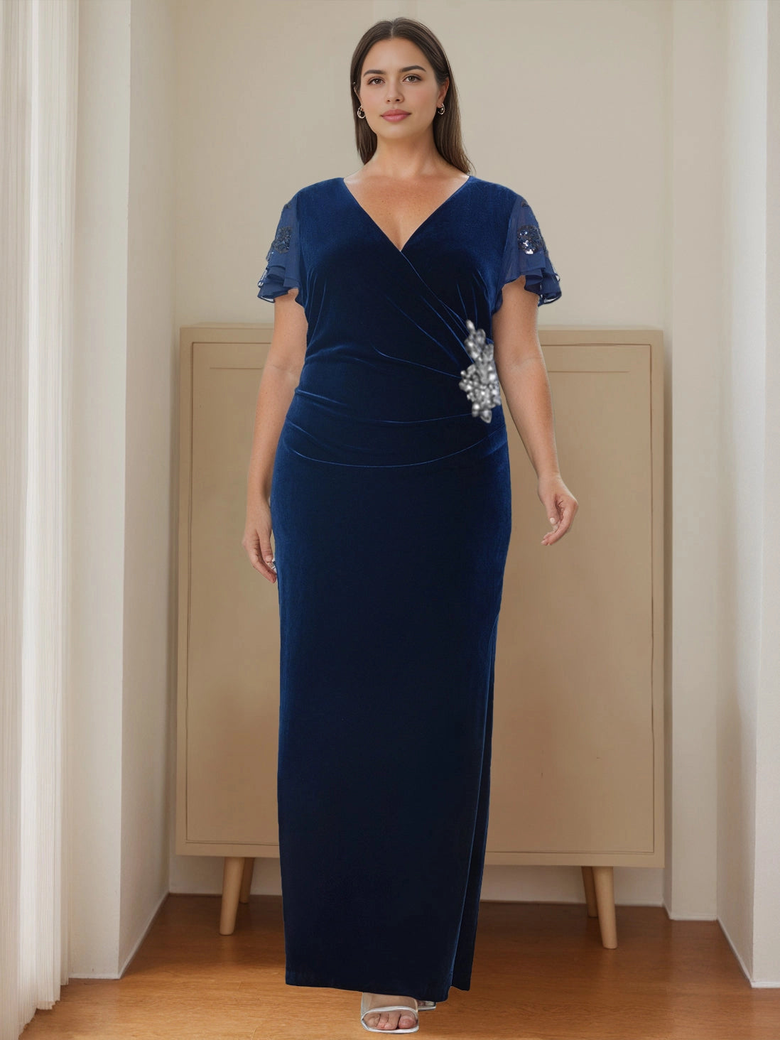 RoselleDress navy blue plus size mother of the bride dress v-neck flutter sequin sleeve velvet sheath formal gown