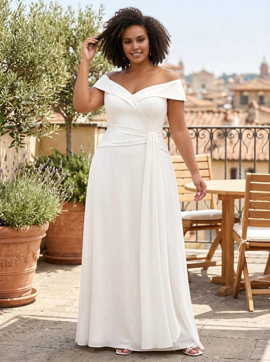 Roselledress white plus size wedding maxi dress front view, off the shoulder folded v neck chiffon gown with twisted ruched waist