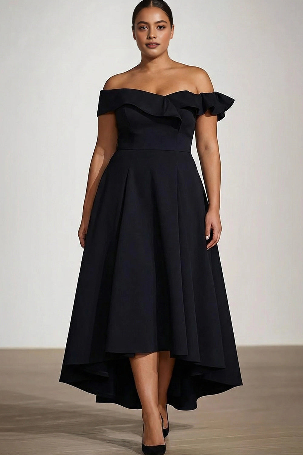 Roselledress black plus size prom dress front view, off the shoulder ruffle satin gown with high low hem a-line midi skirt