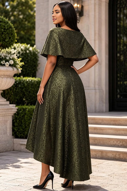 Back view RoselleDress dark green jacquard cape sleeve dress zipper back high-low asymmetrical skirt elegant plus size mother of bride gown