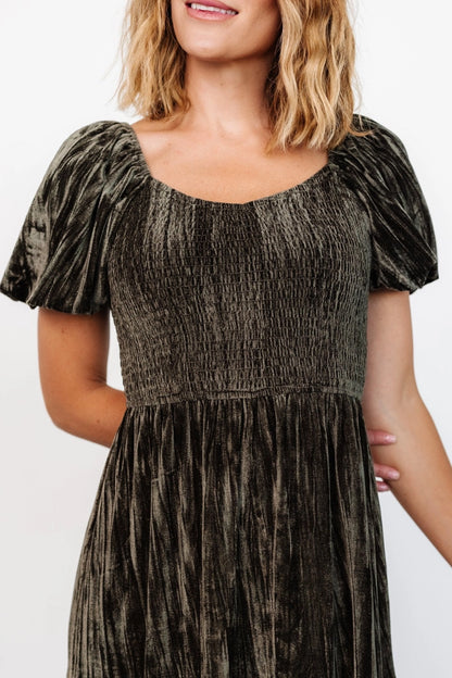 Modest A‑Line Square‑Neck Puff‑Sleeve Smocked‑Back Midi Mother Of The Bride Dress