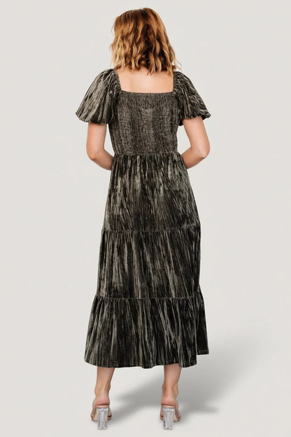 Modest A‑Line Square‑Neck Puff‑Sleeve Smocked‑Back Midi Mother Of The Bride Dress