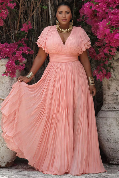 Roselledress Peach A Line V Neck Layered Flutter Sleeve Pleated Chiffon Maxi Plus Size Prom Dress