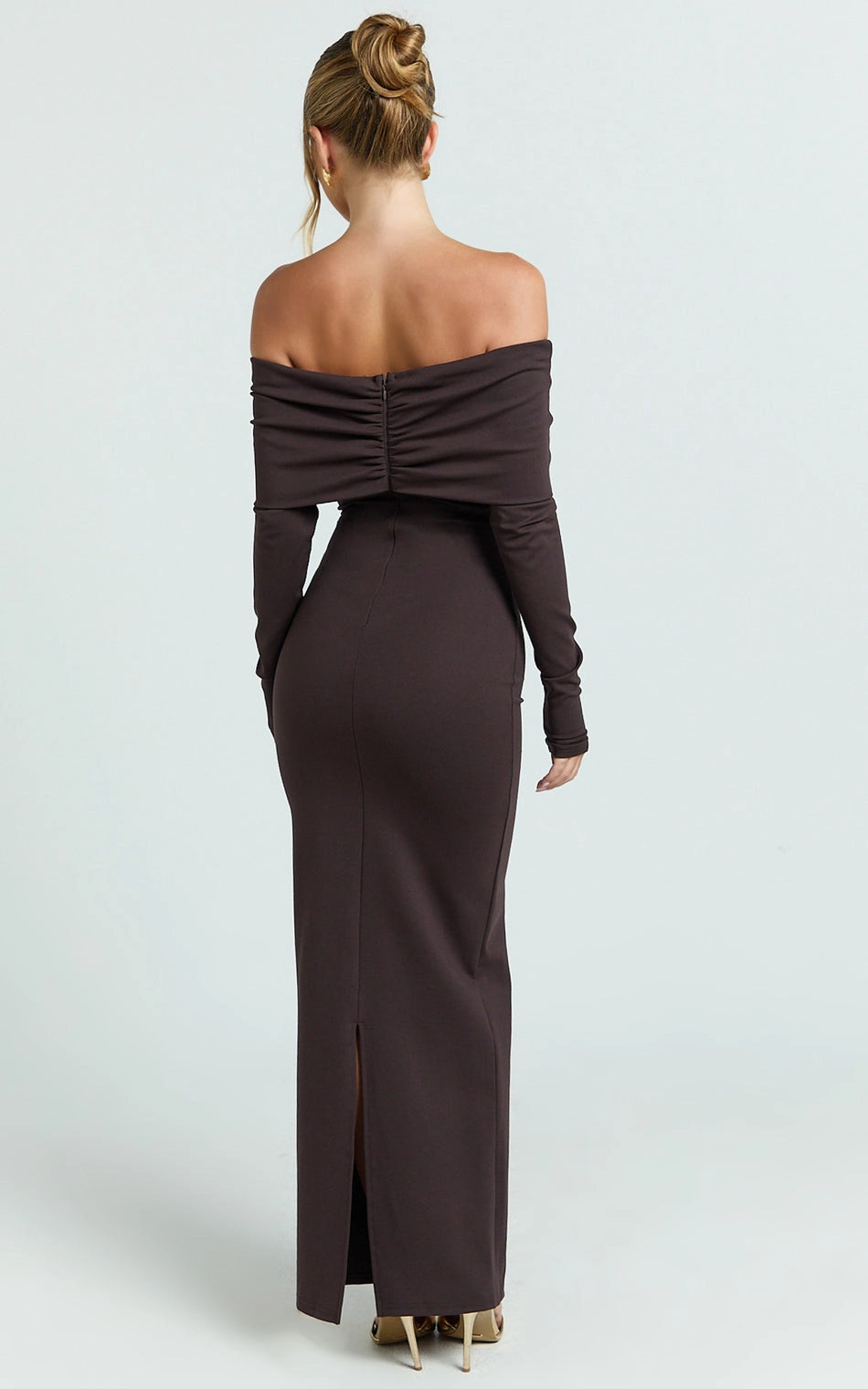Sheath Off Shoulder Twist Long Sleeve Zipper Back Slit Maxi Plus Size Wedding Guest Dress