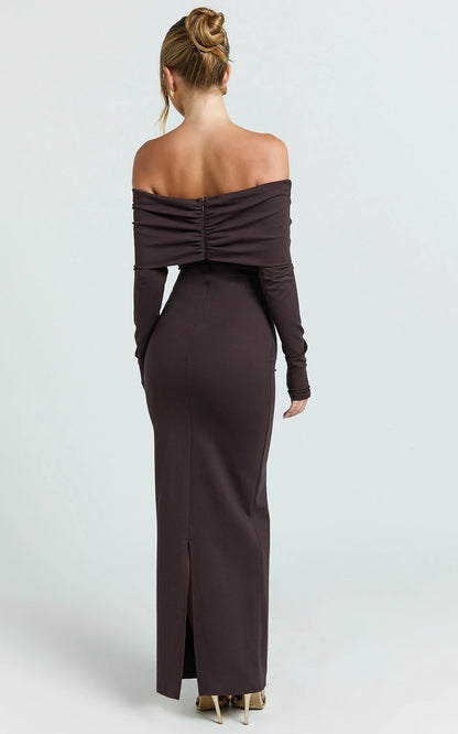 Sheath Off Shoulder Twist Long Sleeve Zipper Back Slit Maxi Plus Size Wedding Guest Dress