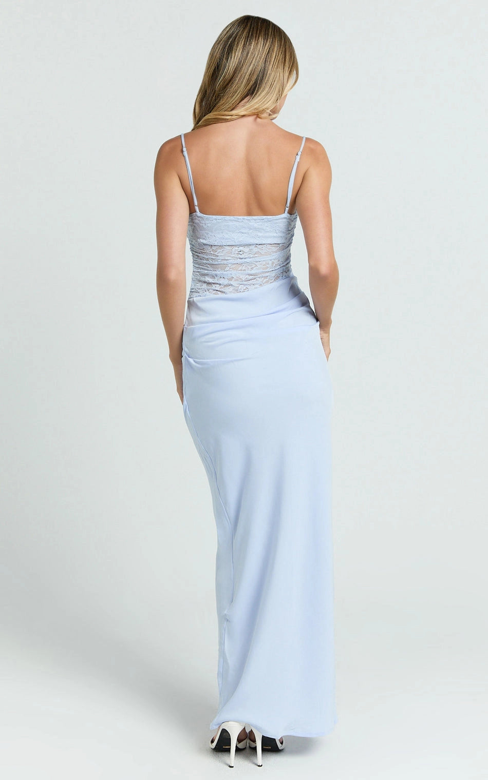 Roselledress lace panel back plus size wedding guest dress back view, adjustable strap mermaid party maxi dress