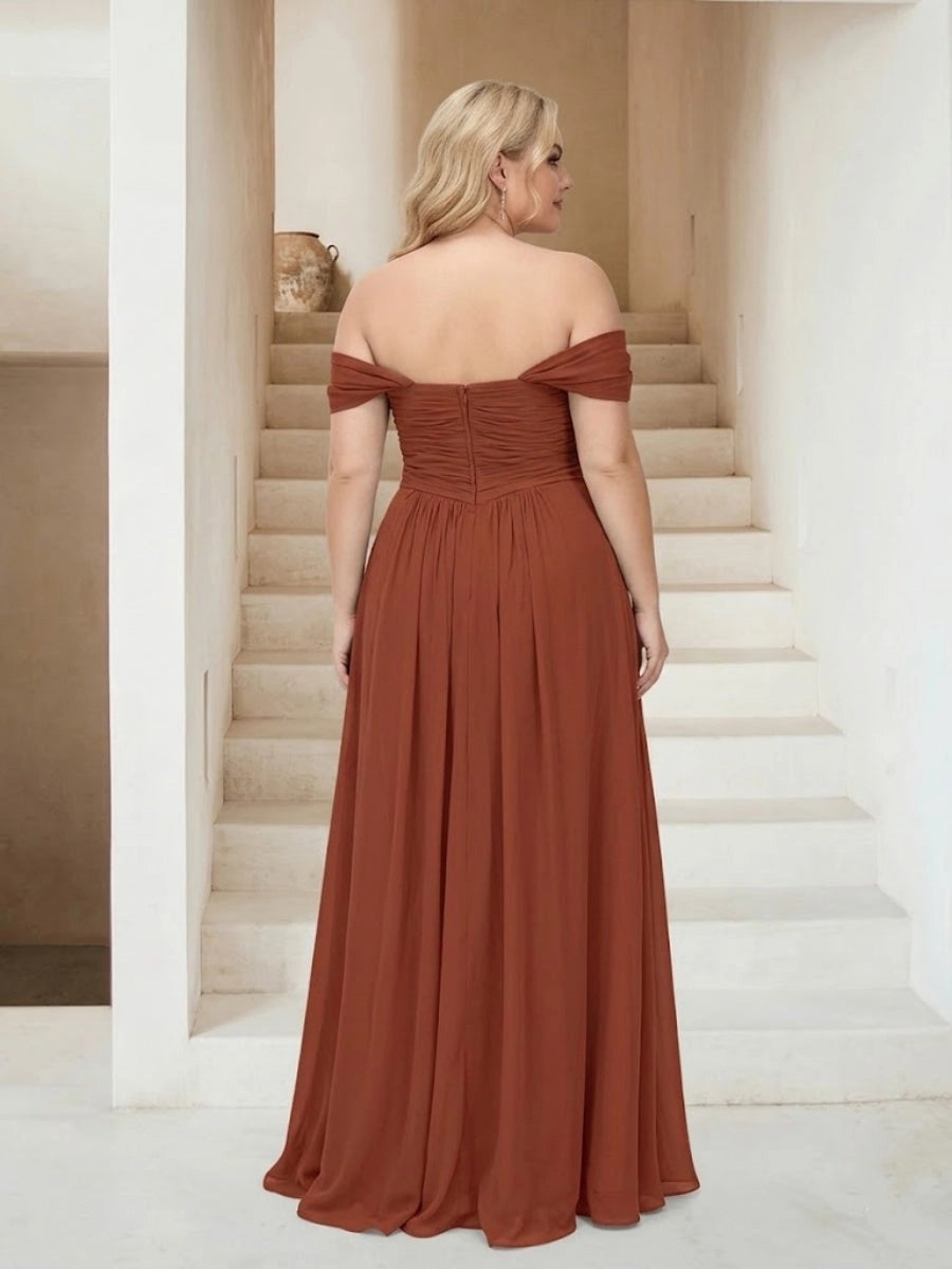 Roselledress terracotta formal plus size dress ruched back invisible zipper off shoulder chiffon gown back view