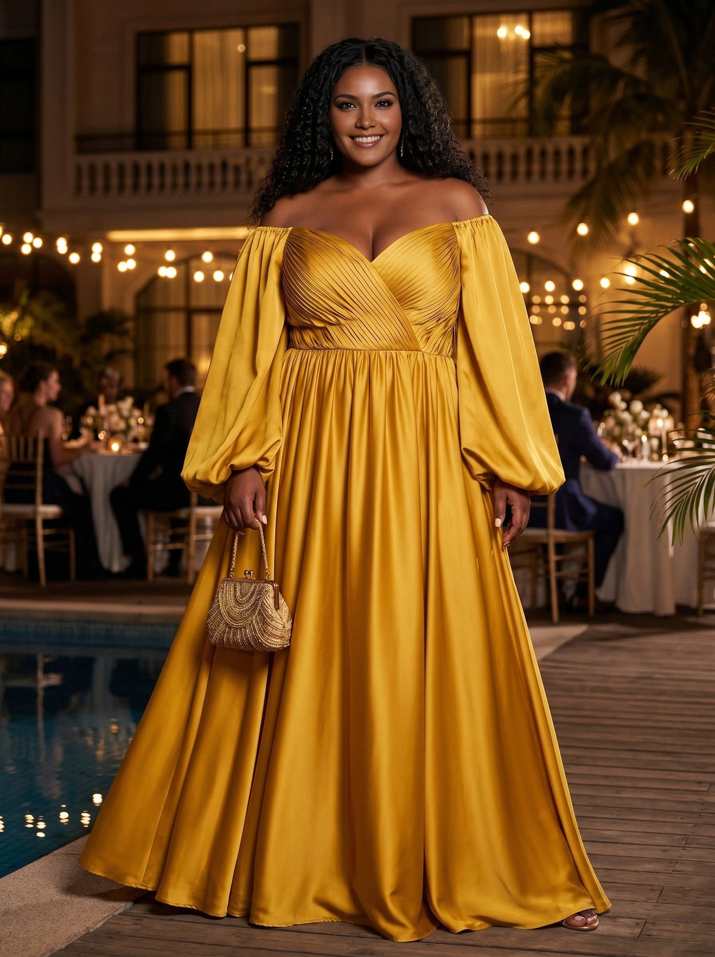 Roselledress bronze plus size prom dress off the shoulder long sleeve satin a line gown front view