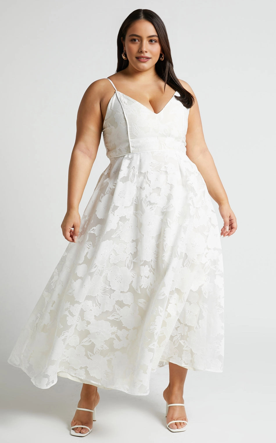 Roselledress white plus size midi wedding guest dress spaghetti strap v neck floral applique a line gown front view