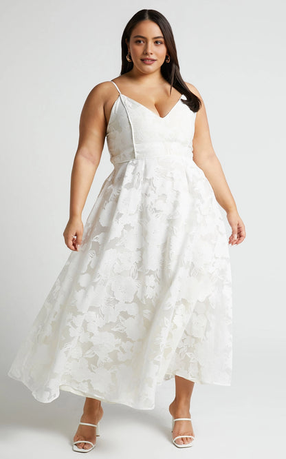 Roselledress white plus size midi wedding guest dress spaghetti strap v neck floral applique a line gown front view
